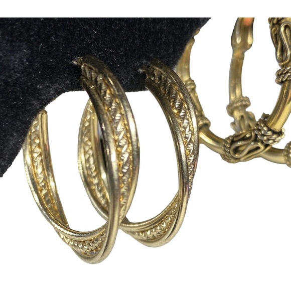 Chunky Gold Tone Twisted Hoop Earrings 2 Different Costume Jewelry Set Pierced - Picture 3 of 8